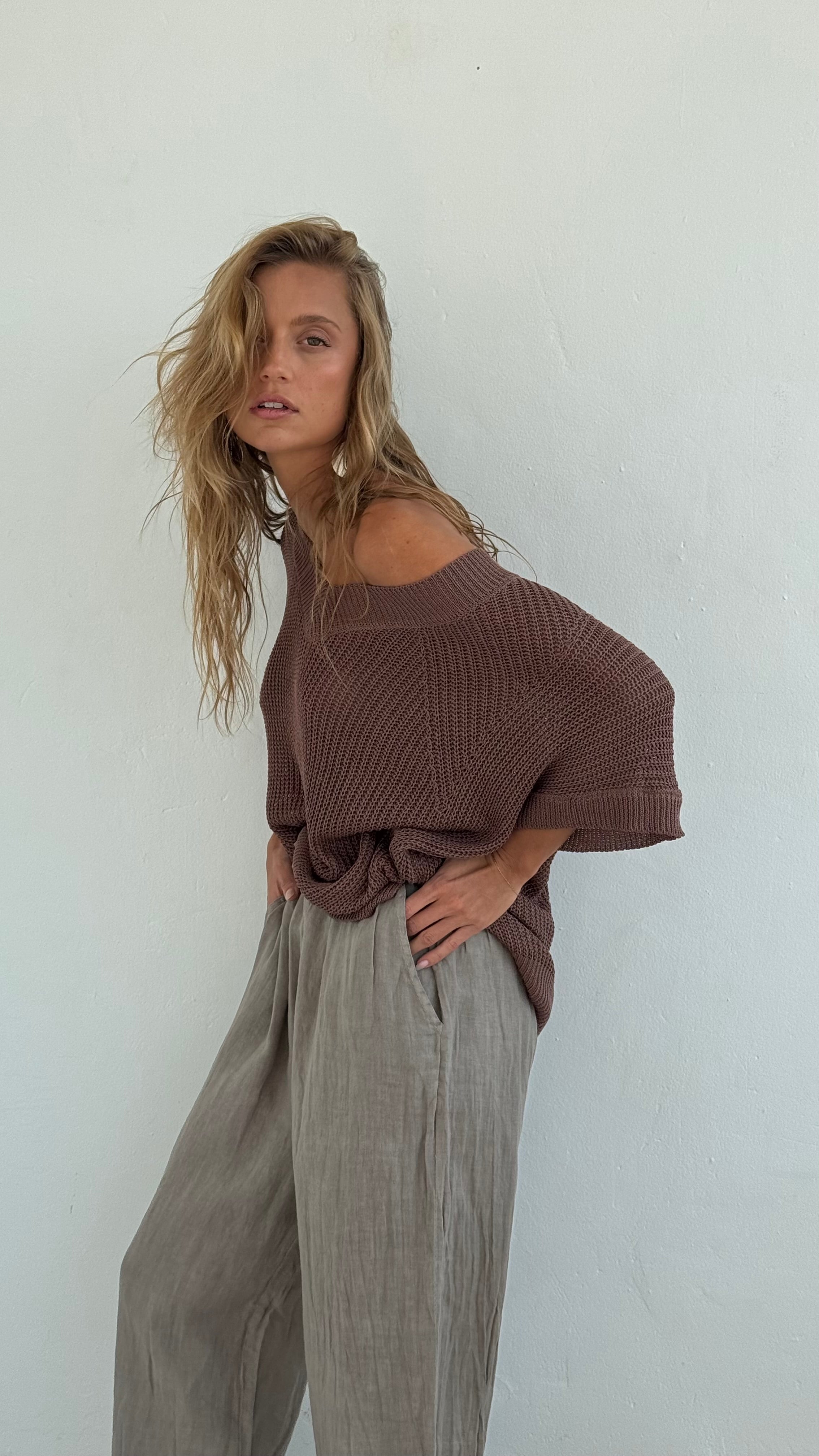 Pantalón lino Recto Taupe playa